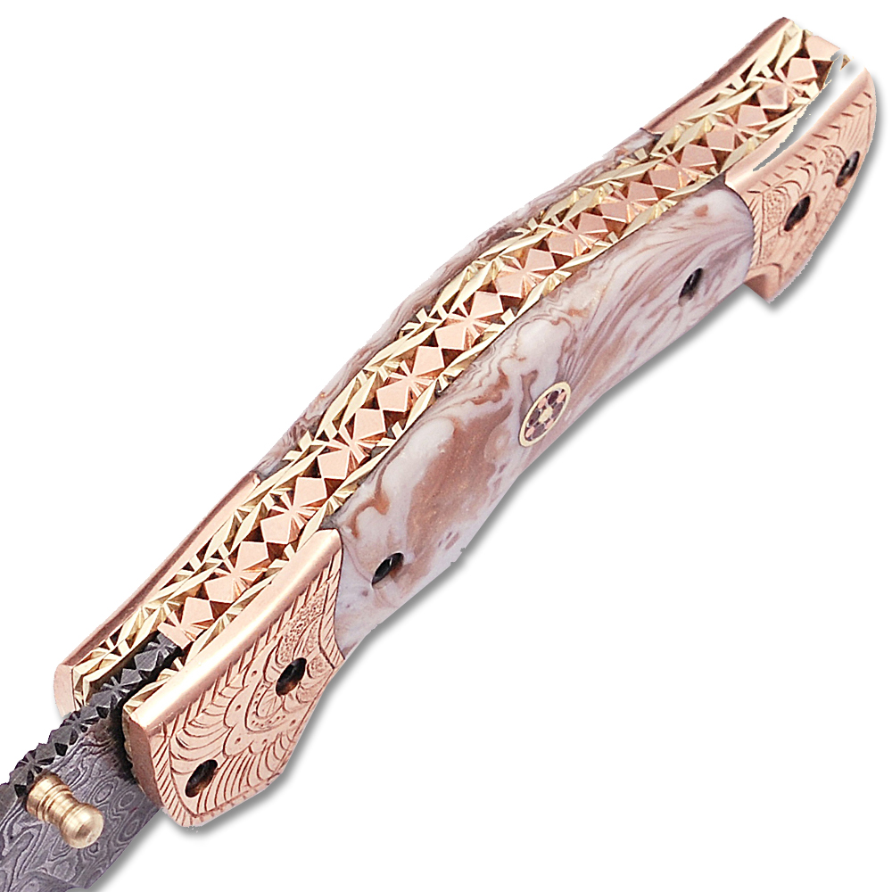 Executive Series Damascus Folding Knife  Copper Bolster