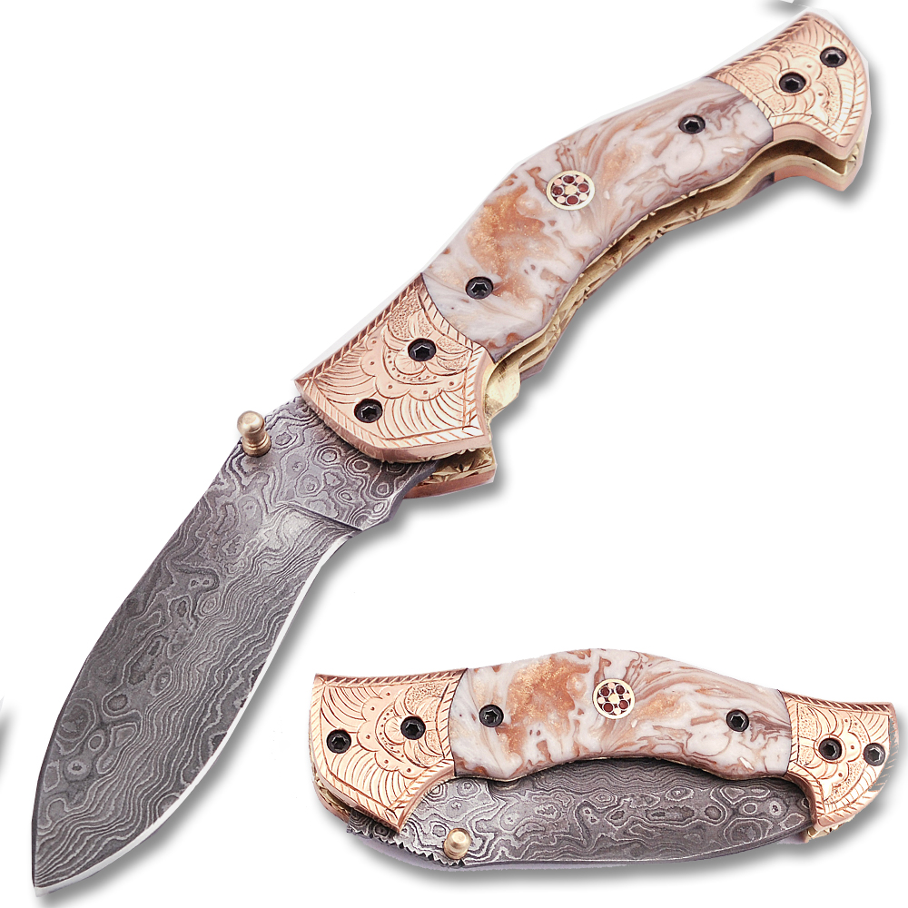 Executive Series Damascus Folding Knife  Copper Bolster