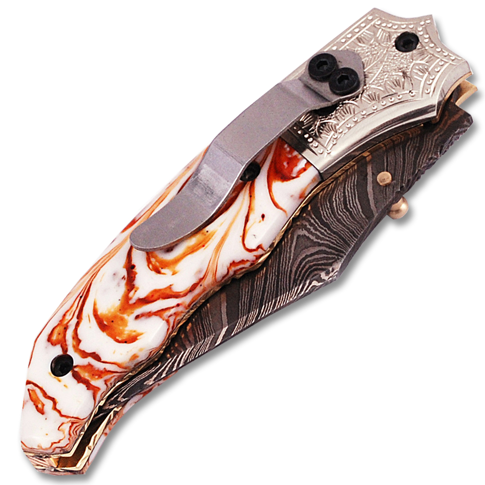 Executive Series Damascus Folder Knife White Copper Bolster Resin Handle