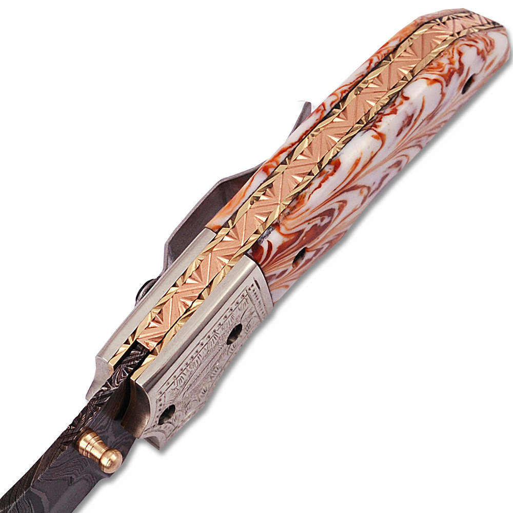 Executive Series Damascus Folder Knife White Copper Bolster Resin Handle
