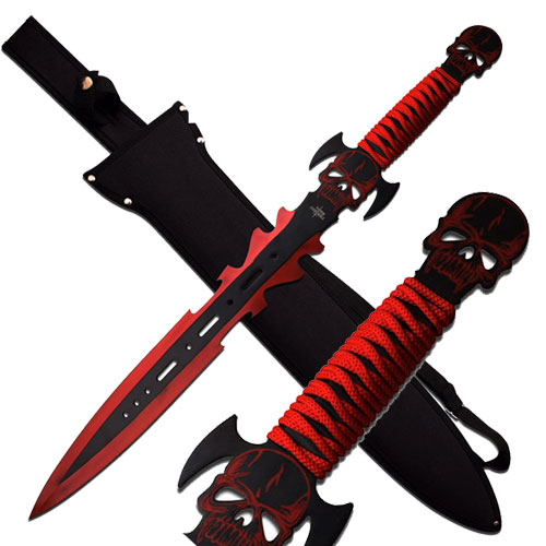 Raging Demon Skull Red Black Blade FANTASY Short Sword FULL TANG w  Sheath