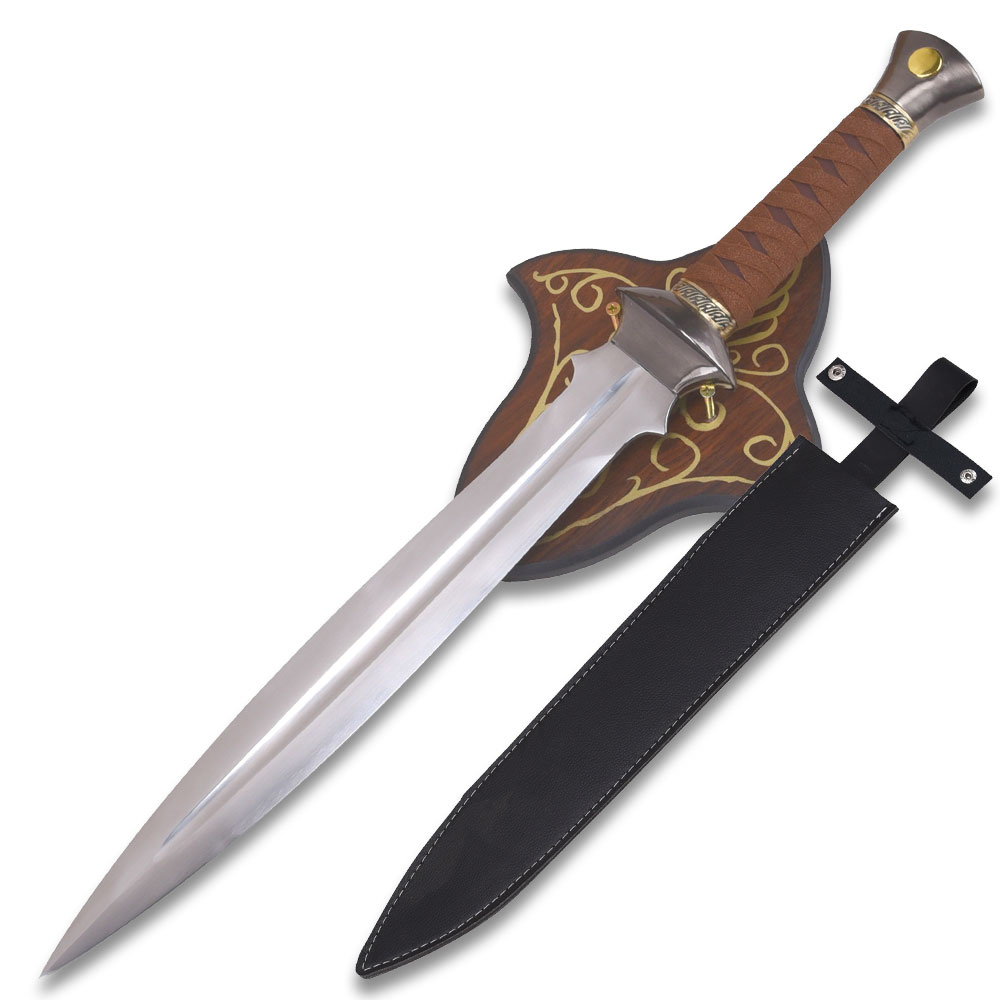 Elven Guardian Fantasy Sword with Ornate Wall Display Plaque & Leather Sheath