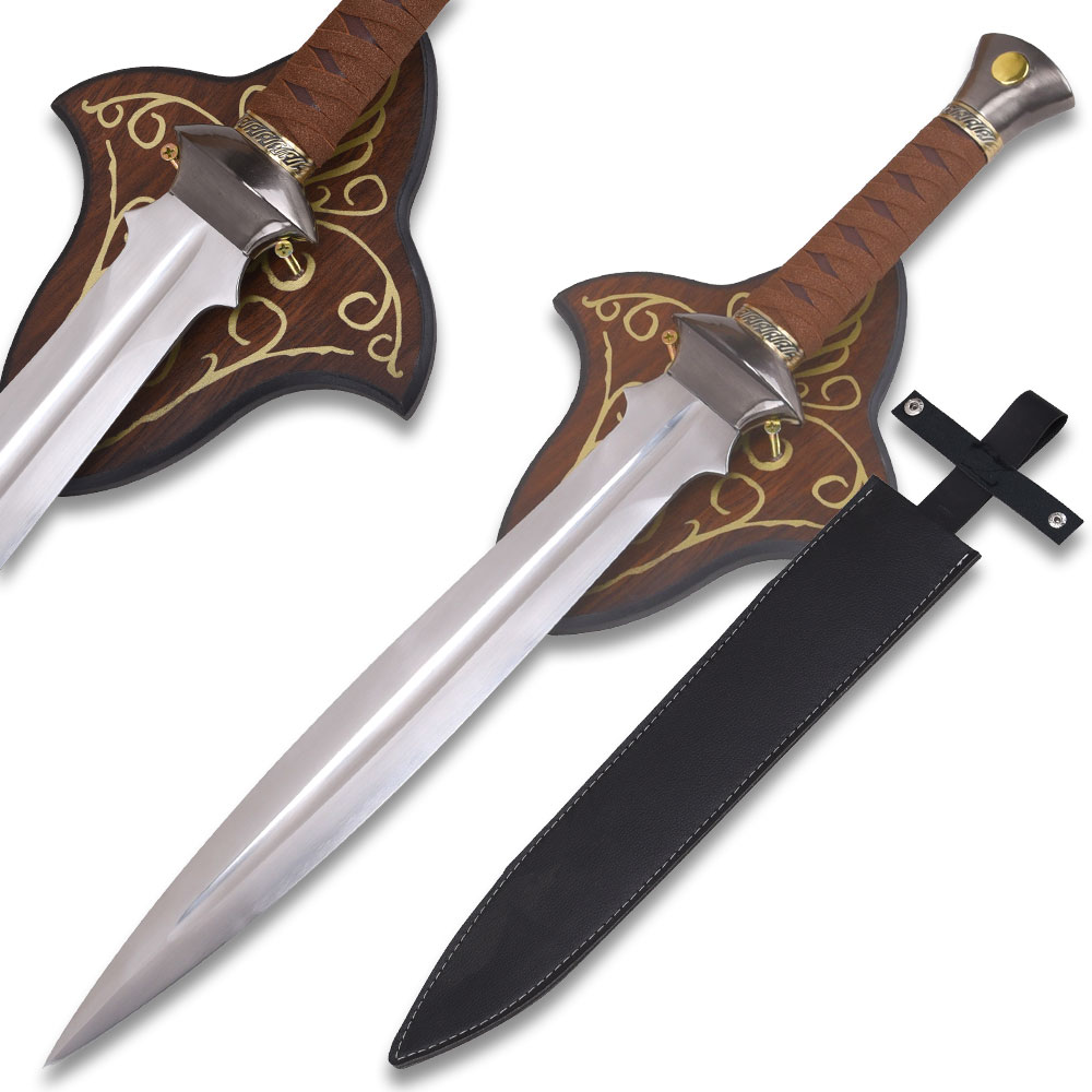 Elven Guardian Fantasy Sword with Ornate Wall Display Plaque & Leather Sheath