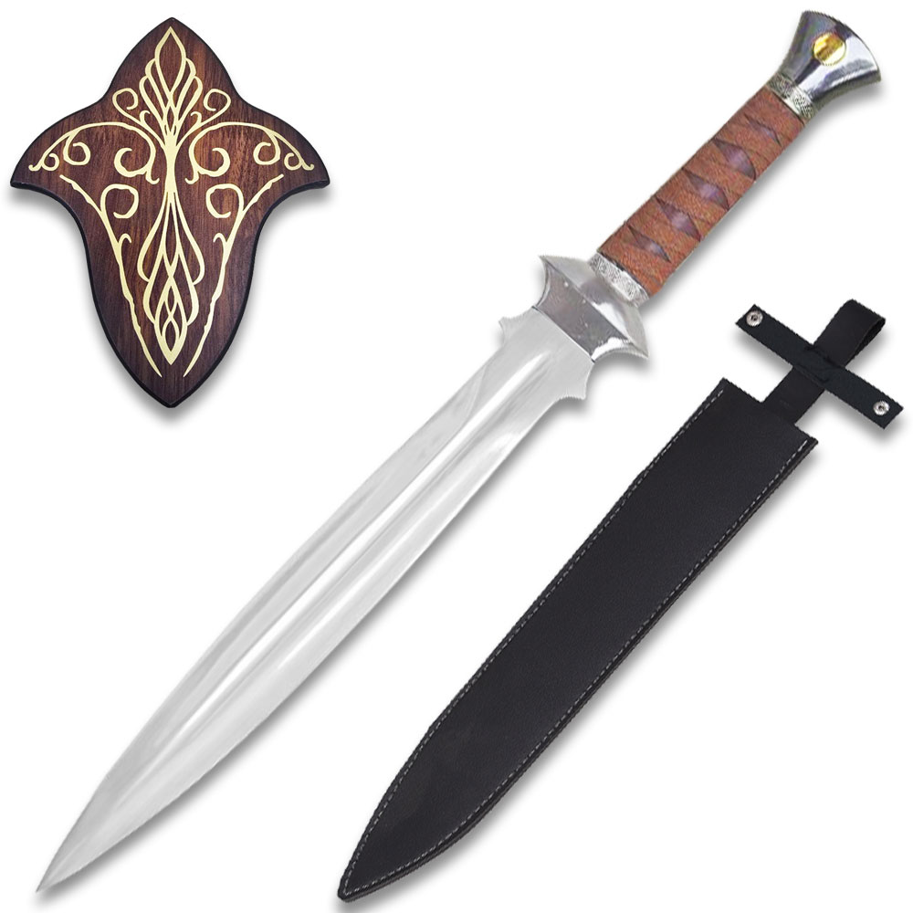 Elven Guardian Fantasy Sword with Ornate Wall Display Plaque & Leather Sheath