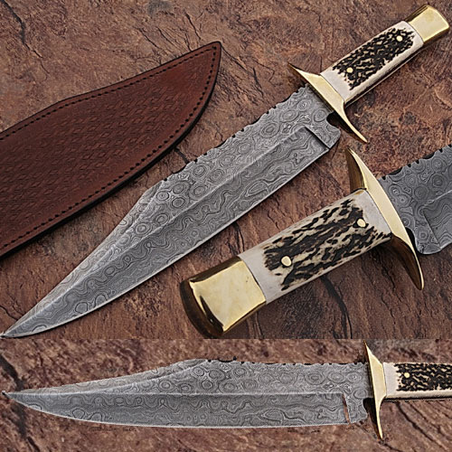 Custom Made Damascus Steel Bowie Hunting Knife w/ Stag Horn Hand