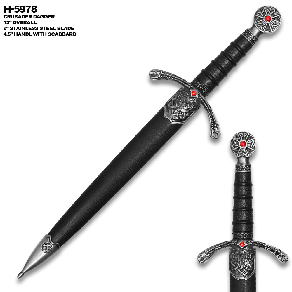Crusader Dagger With Scabbard 14.5" Overall Sliver Blade & Red Jewel