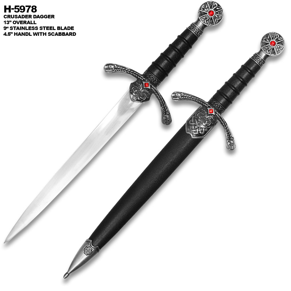 Crusader Dagger With Scabbard 14.5" Overall Sliver Blade & Red Jewel