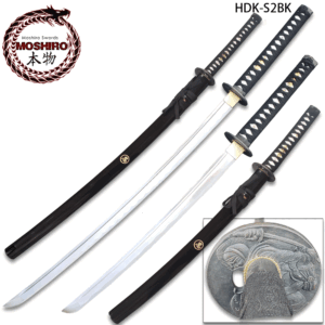 MOSHIRIO Handmade 1045 HC Two Piece Sword Set Black with Stand