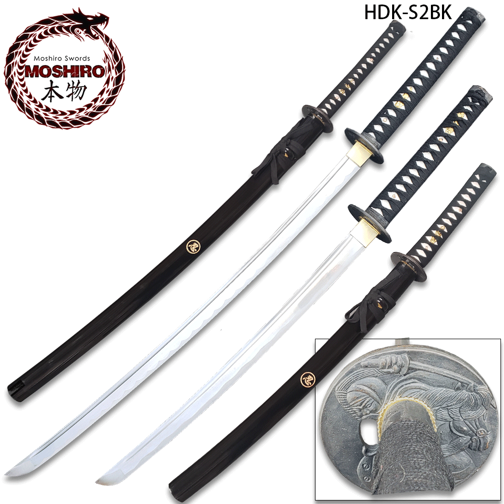 MOSHIRIO Handmade 1045 HC Two Piece Sword Set Black with Stand