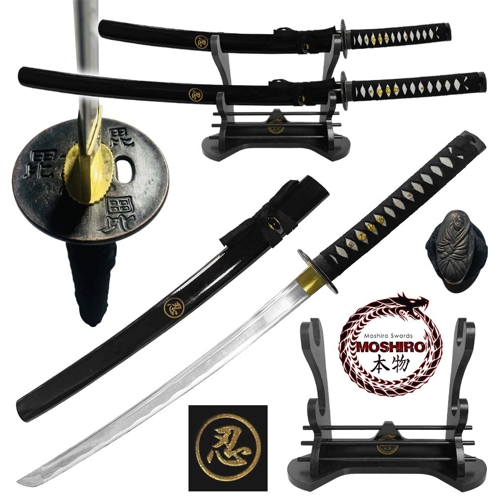 MOSHIRIO Handmade 1045 HC Two Piece Sword Set Black with Stand
