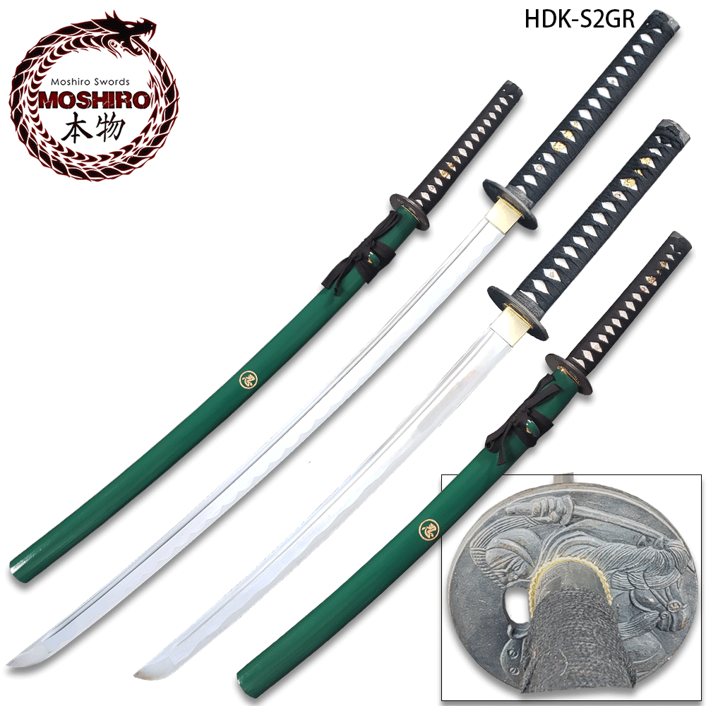 MOSHIRIO Handmade 1045 HC Two Piece Sword Set Green with Stand
