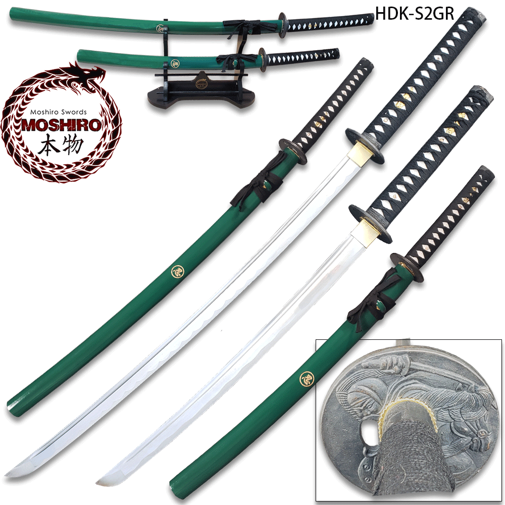 MOSHIRIO Handmade 1045 HC Two Piece Sword Set Green with Stand