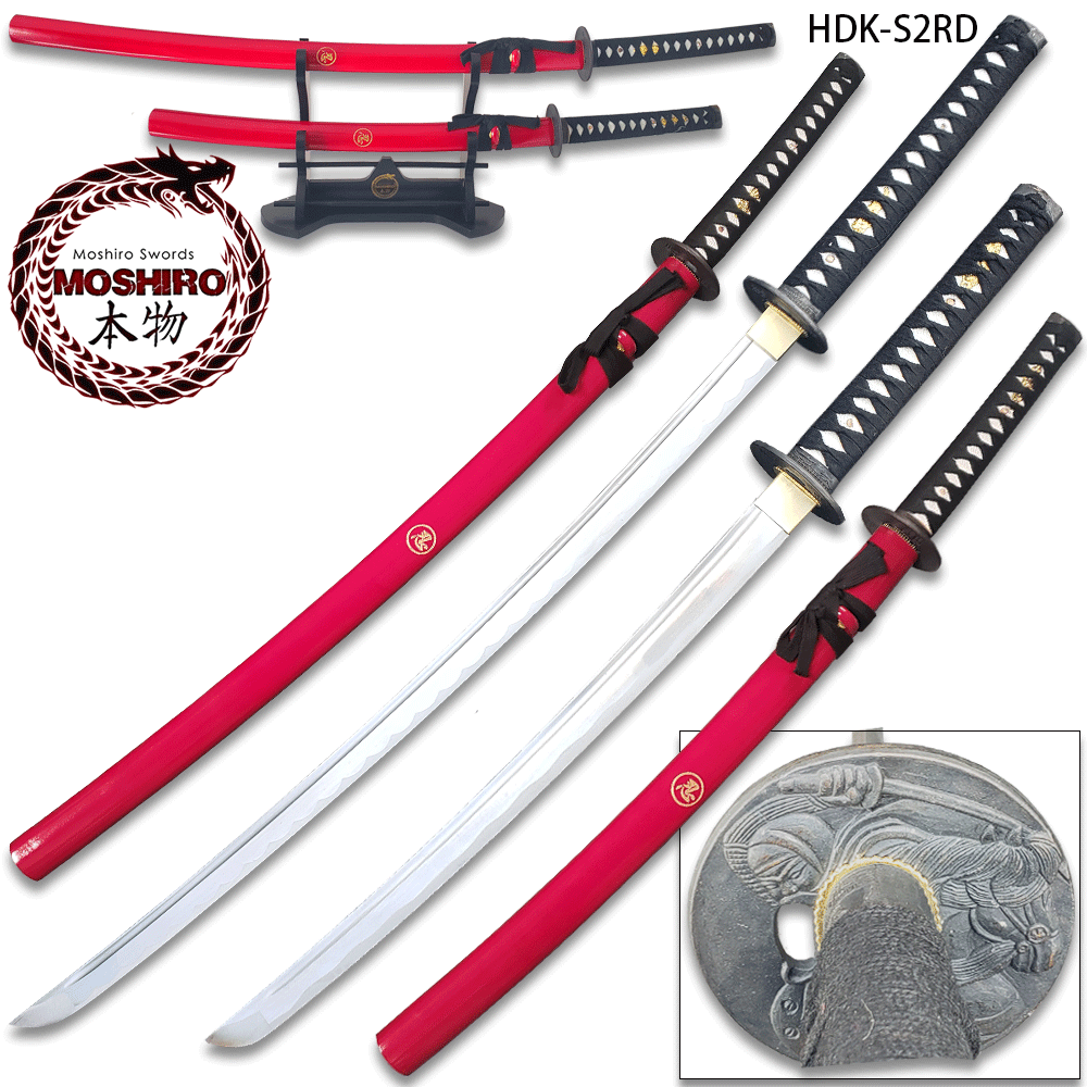 MOSHIRIO Handmade 1045 HC Two Piece Sword Set Red with Stand
