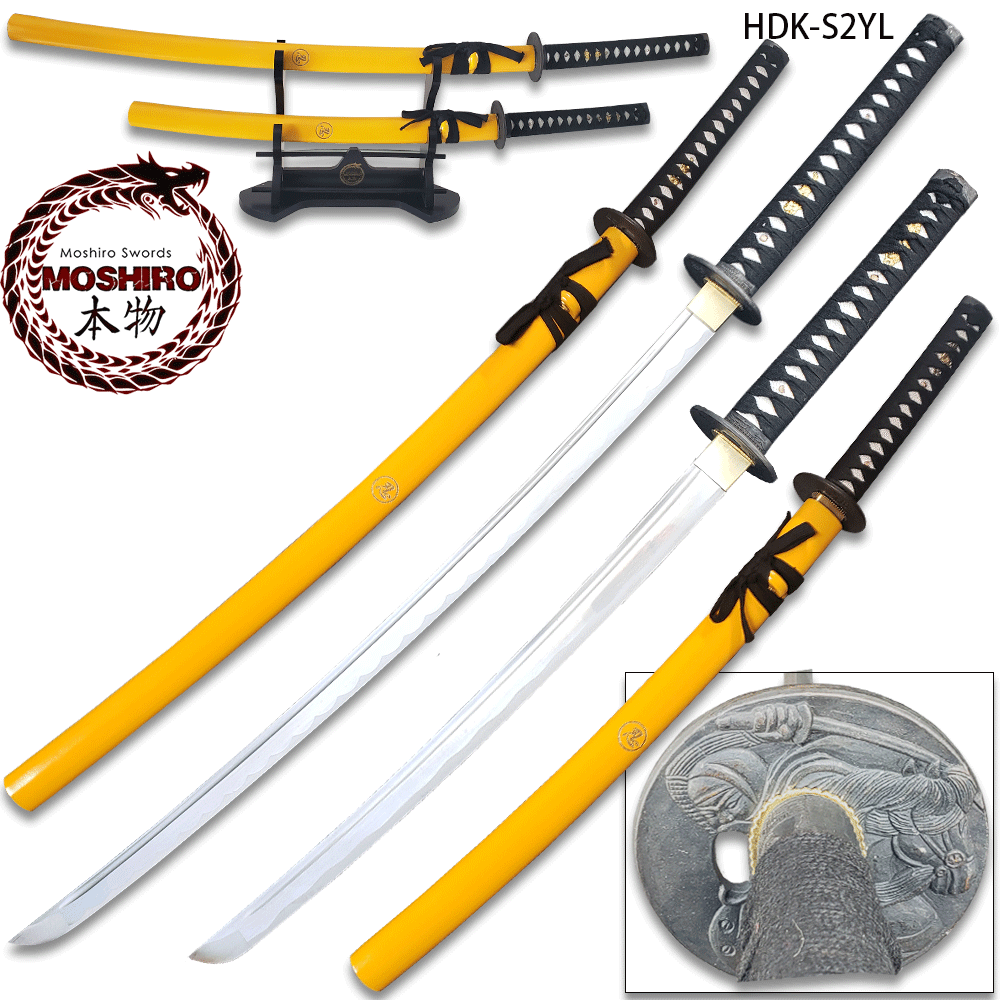 MOSHIRIO Handmade 1045 HC Two Piece Sword Set Yellow with Stand