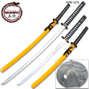 MOSHIRIO Handmade 1045 HC Two Piece Sword Set Yellow with Stand