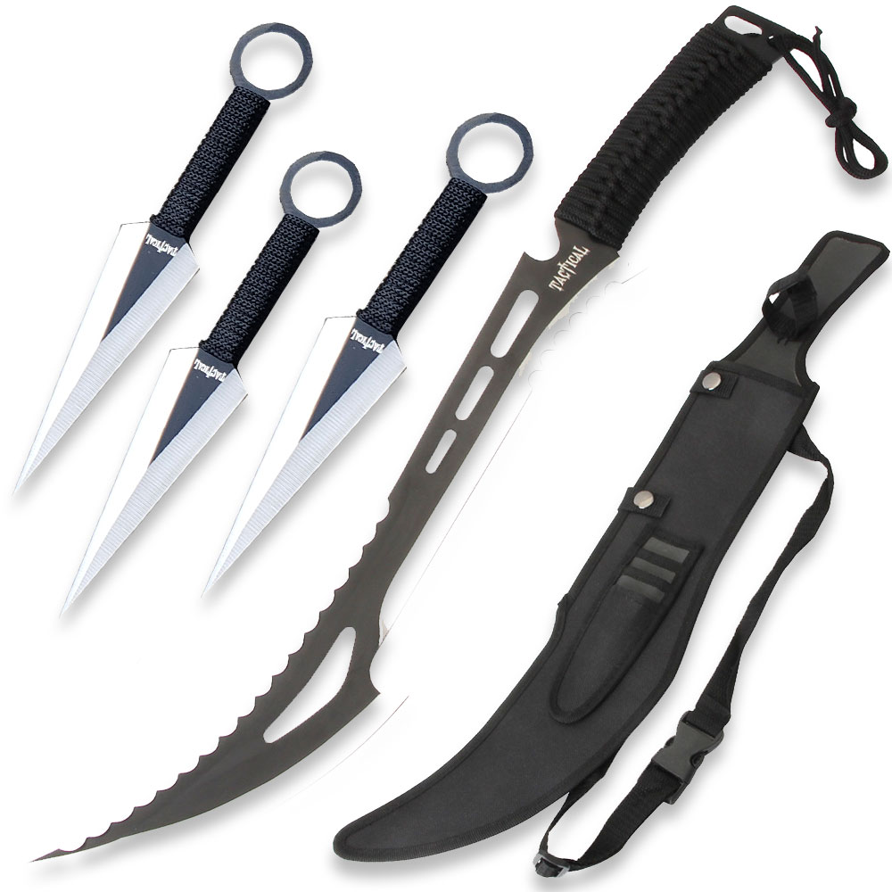 Black Tactical Killer Machete With 3pcs Throwing Knives Set