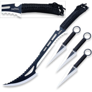 Black Tactical Killer Machete With 3pcs Throwing Knives Set