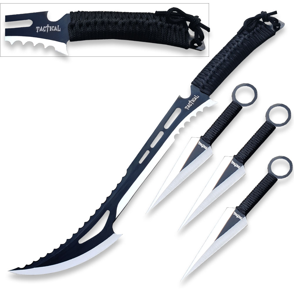Black Tactical Killer Machete With 3pcs Throwing Knives Set