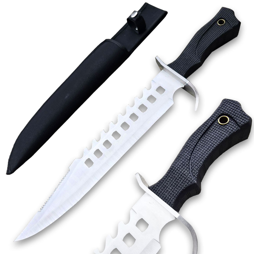 Tactical Silver Survival Bowie Fixed Blade Knife with Sheath
