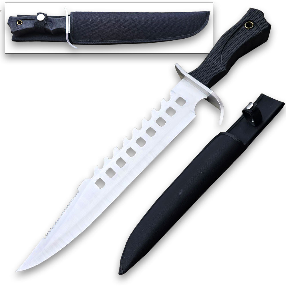 Tactical Silver Survival Bowie Fixed Blade Knife with Sheath