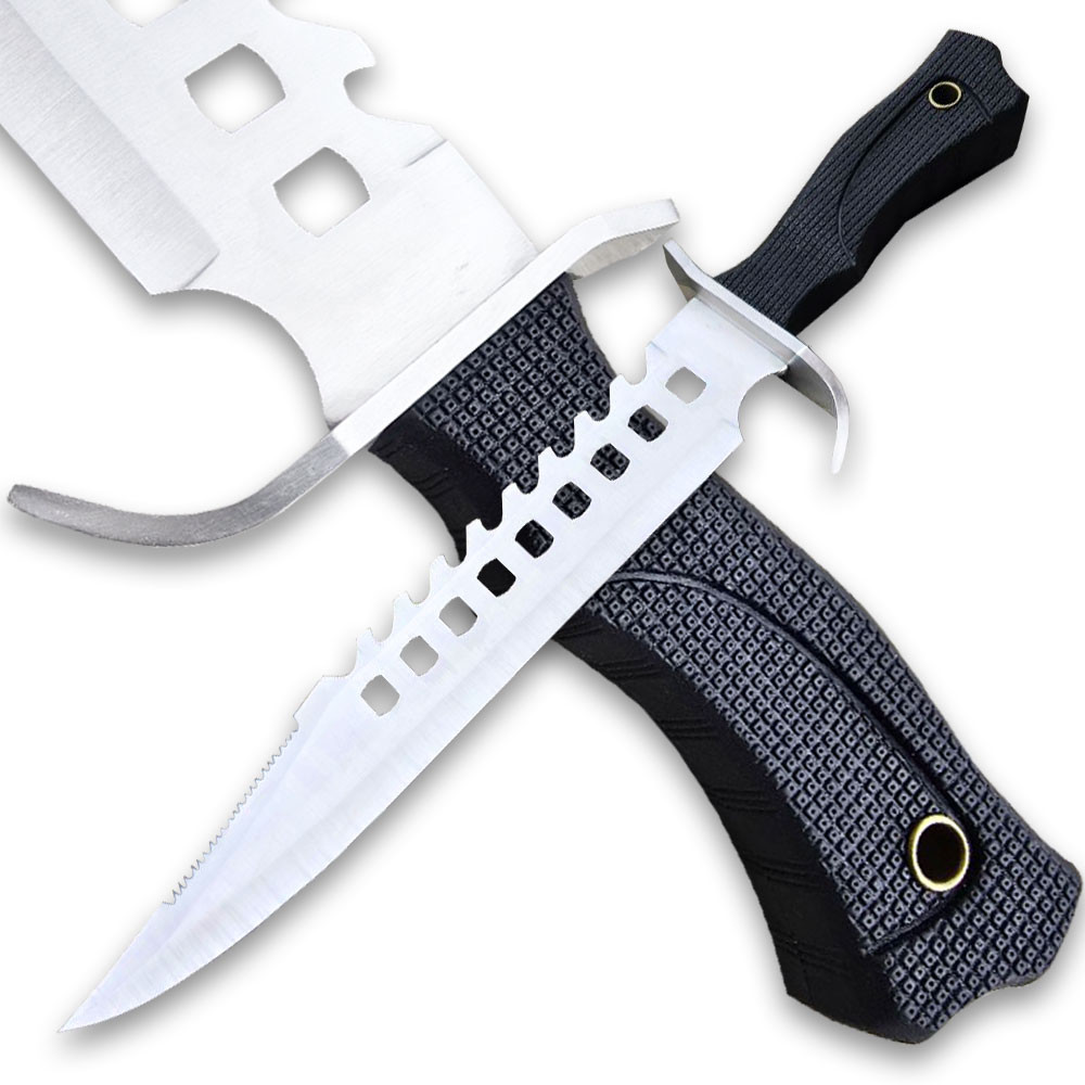 Tactical Silver Survival Bowie Fixed Blade Knife with Sheath