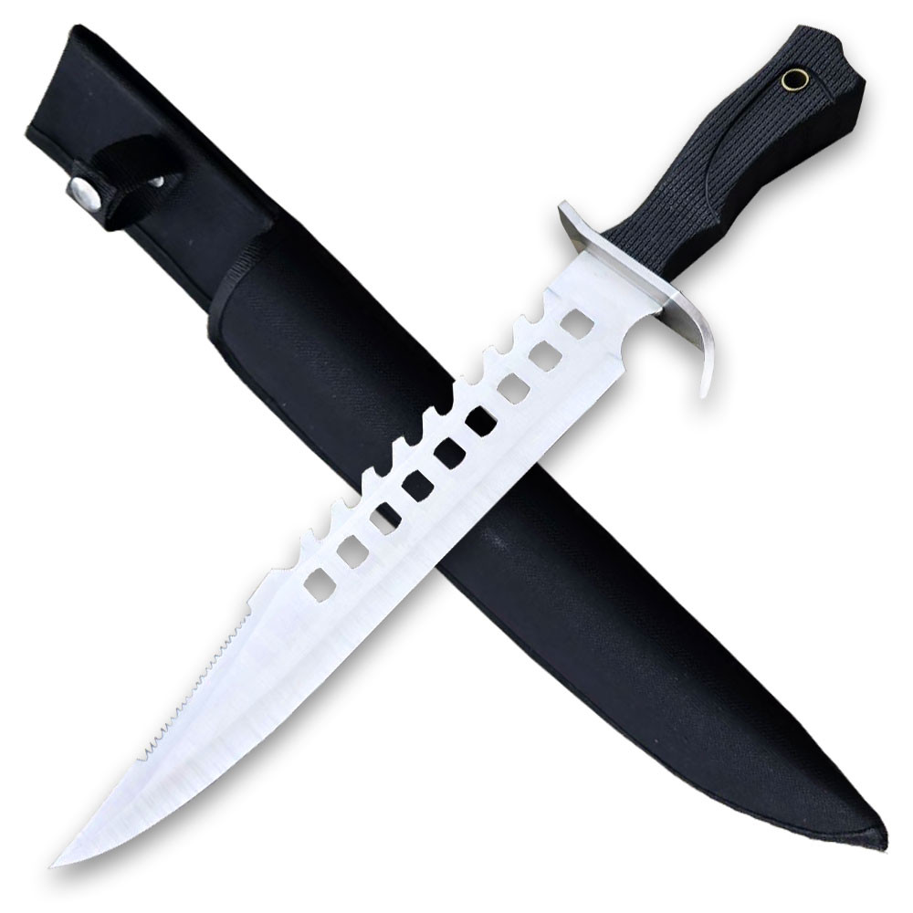 Tactical Silver Survival Bowie Fixed Blade Knife with Sheath
