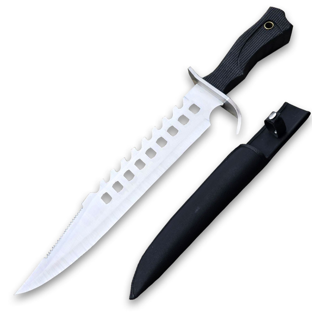 Tactical Silver Survival Bowie Fixed Blade Knife with Sheath