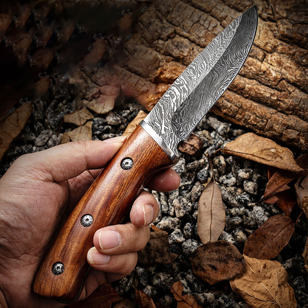 Damascus Pattern Knife, 9" High Carbon Steel Knife With Solid Wood Handle