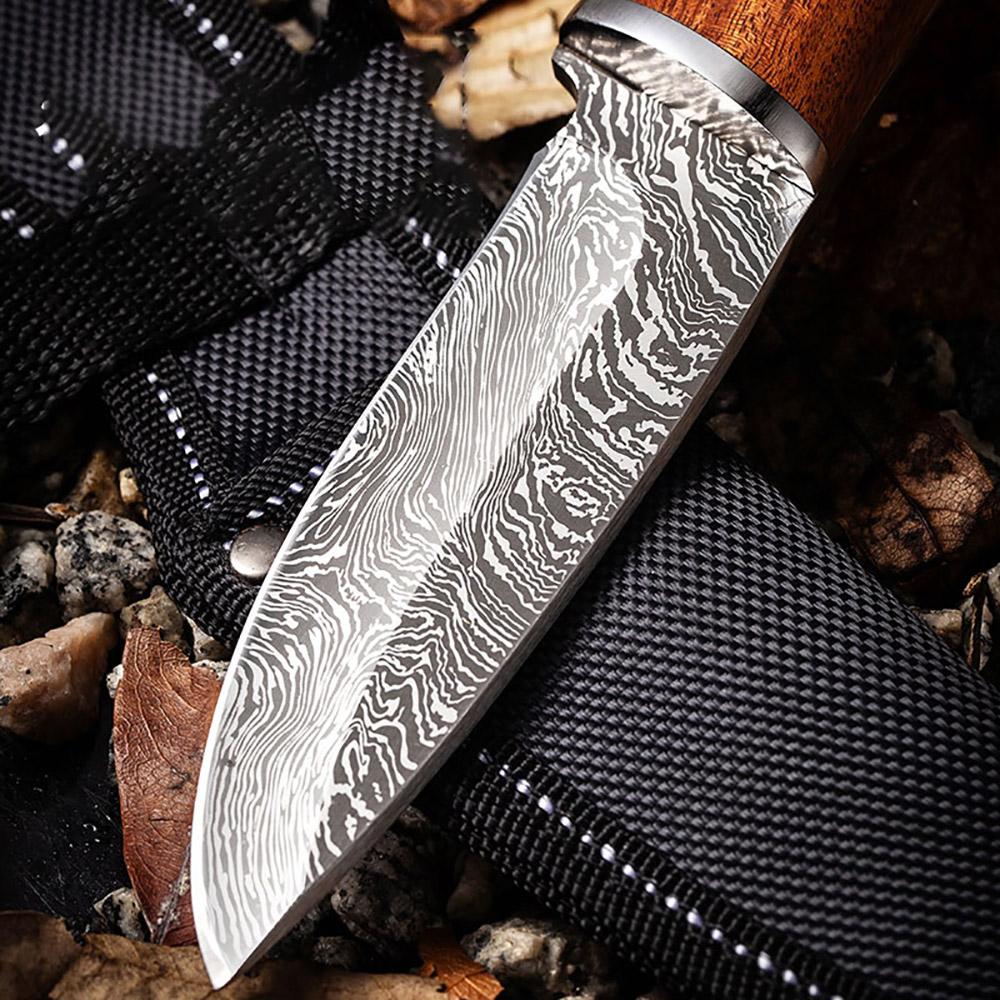 Damascus Pattern Knife, 9" High Carbon Steel Knife With Solid Wood Handle