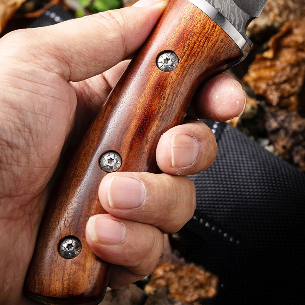 Damascus Pattern Knife, 9" High Carbon Steel Knife With Solid Wood Handle