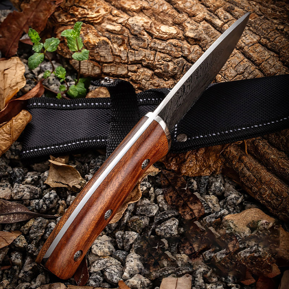 Damascus Pattern Knife, 9" High Carbon Steel Knife With Solid Wood Handle