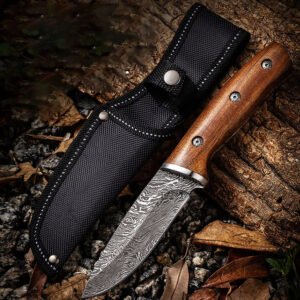 Damascus Pattern Knife, 9" High Carbon Steel Knife With Solid Wood Handle