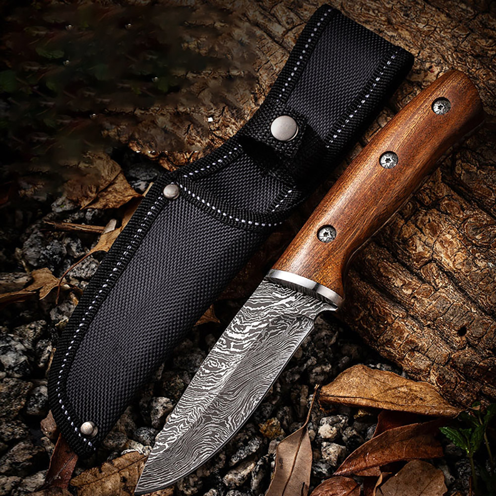 Damascus Pattern Knife, 9" High Carbon Steel Knife With Solid Wood Handle