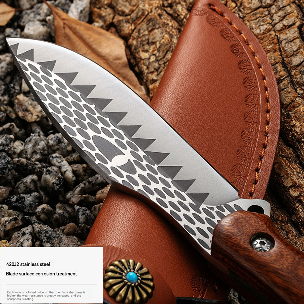 Crocodile Tooth Pattern  Hunting Knife Wood Handle Sharp Edge  9.5 inches