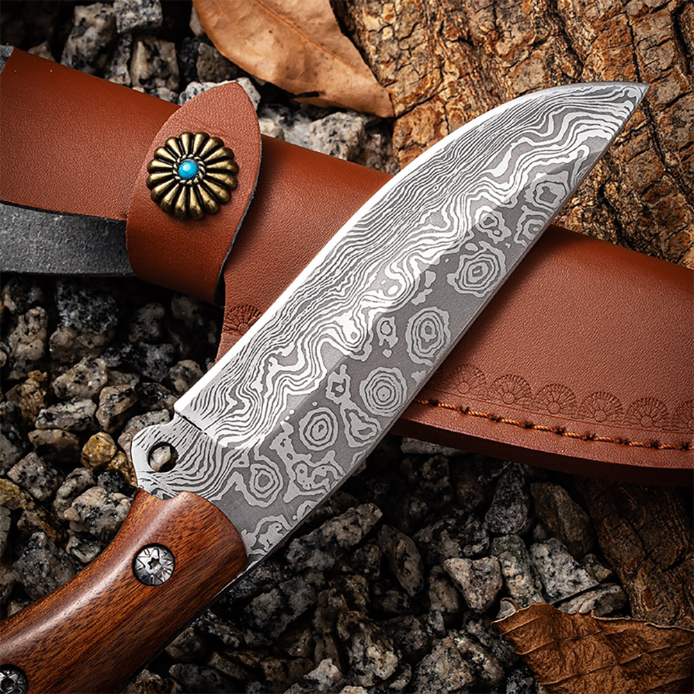 Damascus Pattern  Hunting Skiner Knife Wood Handle Sharp Edge  9 inches