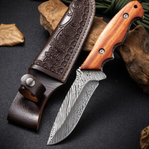 Damascus Pattern Knife, 9" High Carbon Steel With Rose Wood Handle