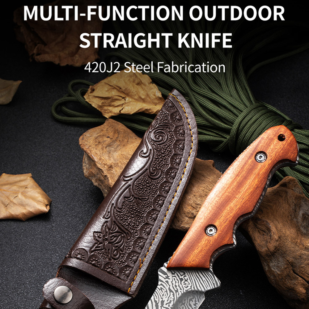Damascus Pattern Knife, 9" High Carbon Steel With Rose Wood Handle