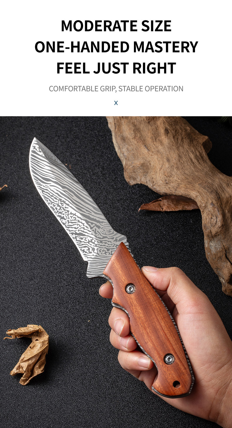 Damascus Pattern Knife, 9" High Carbon Steel With Rose Wood Handle