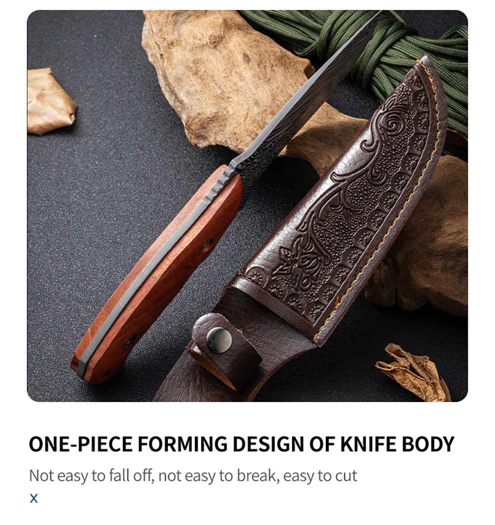 Damascus Pattern Knife, 9" High Carbon Steel With Rose Wood Handle