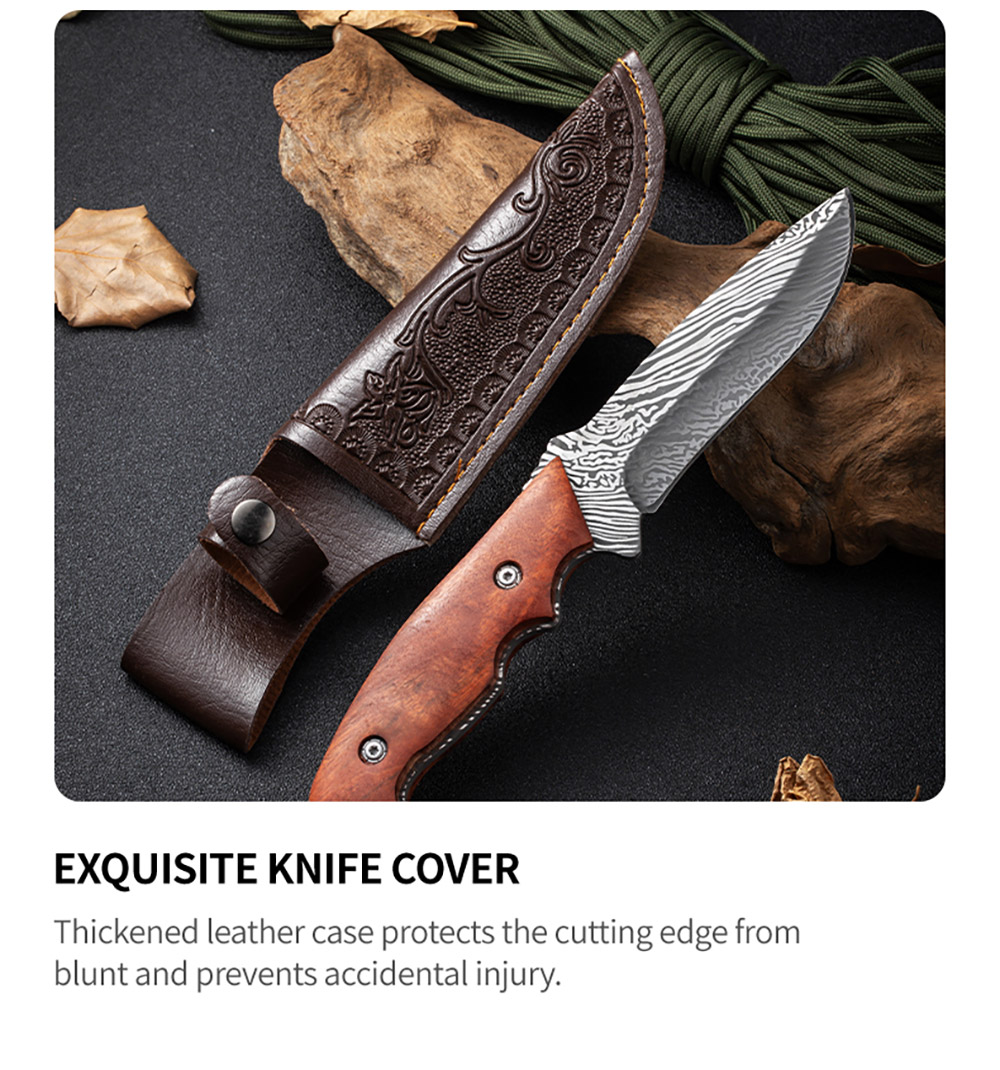 Damascus Pattern Knife, 9" High Carbon Steel With Rose Wood Handle