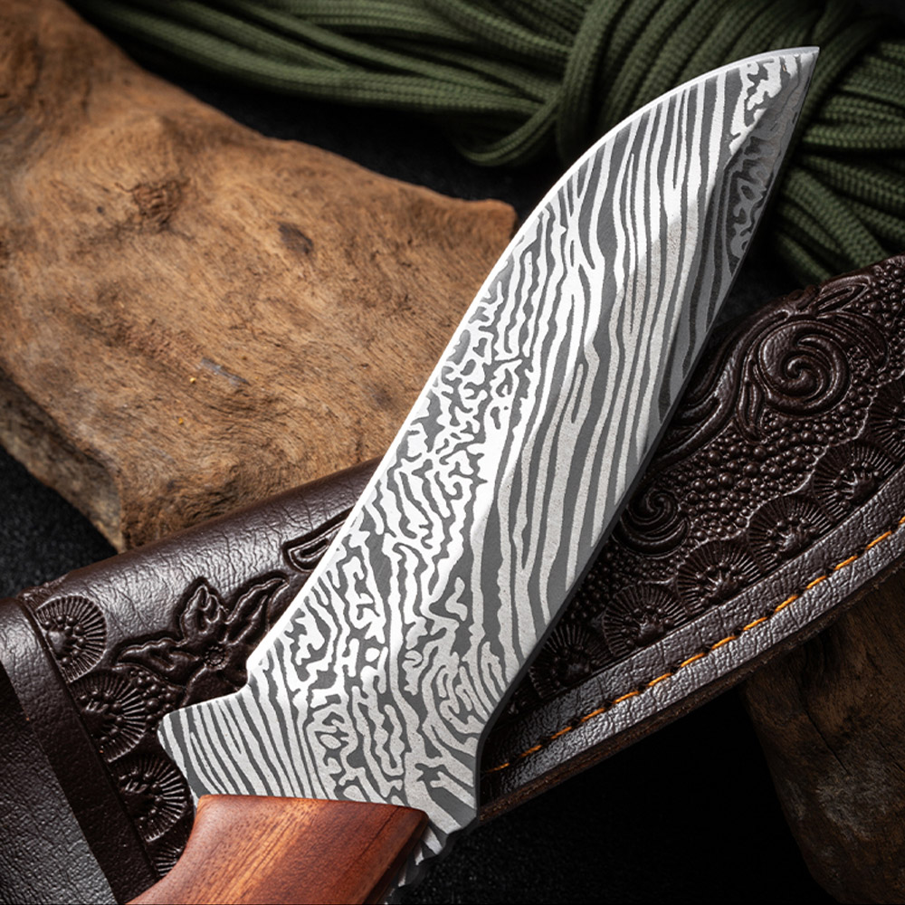 Damascus Pattern Knife, 9" High Carbon Steel With Rose Wood Handle
