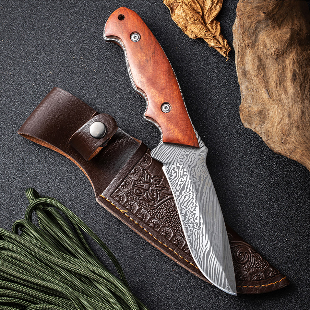 Damascus Pattern Knife, 9" High Carbon Steel With Rose Wood Handle
