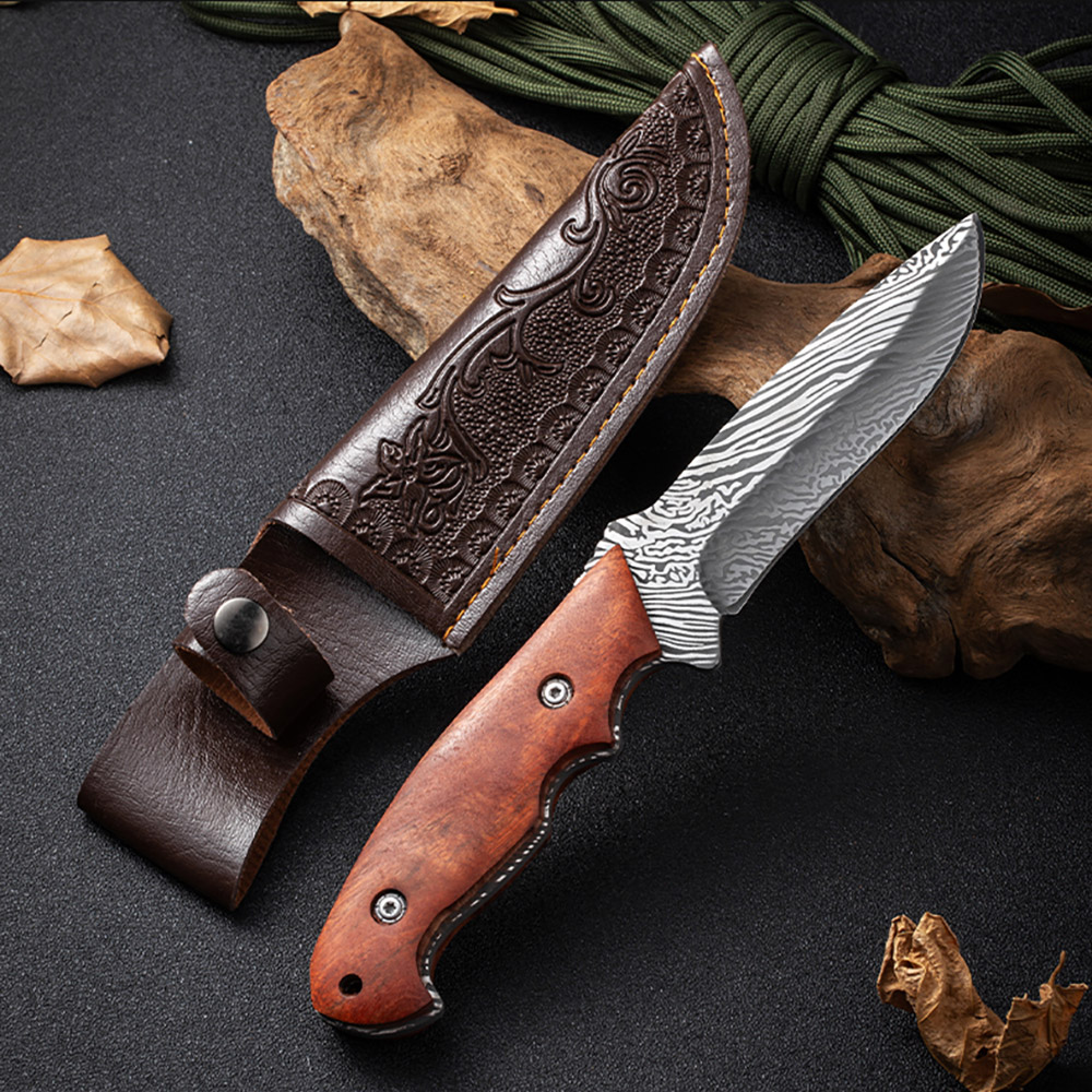 Damascus Pattern Knife, 9" High Carbon Steel With Rose Wood Handle