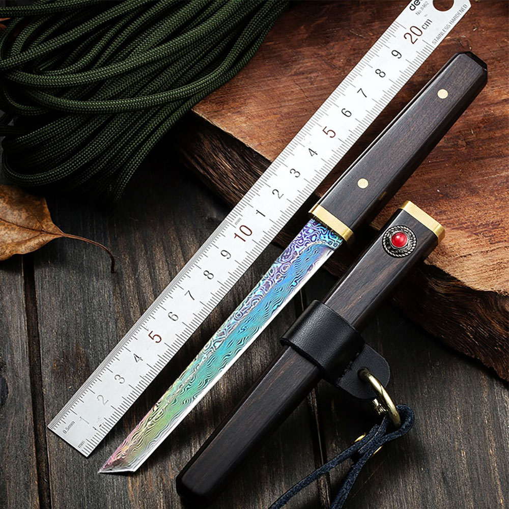 Unique Slim Damascus Pattern Knife with Wood Handle