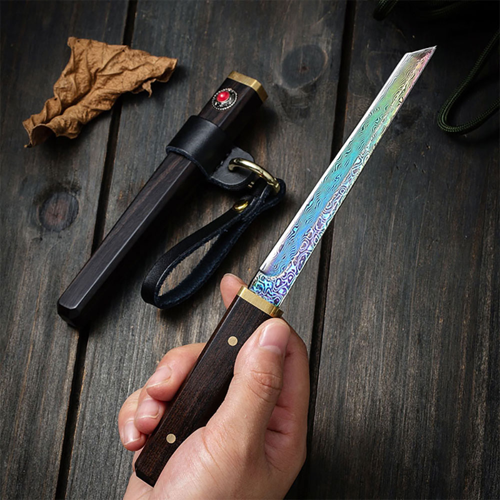 Unique Slim Damascus Pattern Knife with Wood Handle