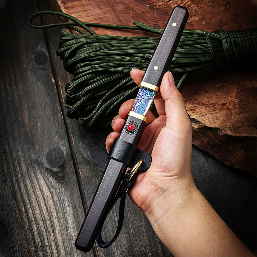 Unique Slim Damascus Pattern Knife with Wood Handle