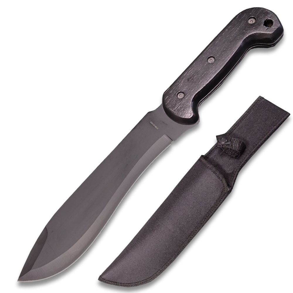 Full Tang Black Bowie Hunter Knife, 16 Inch Overall Length, Black Blade, Black Wood Handle