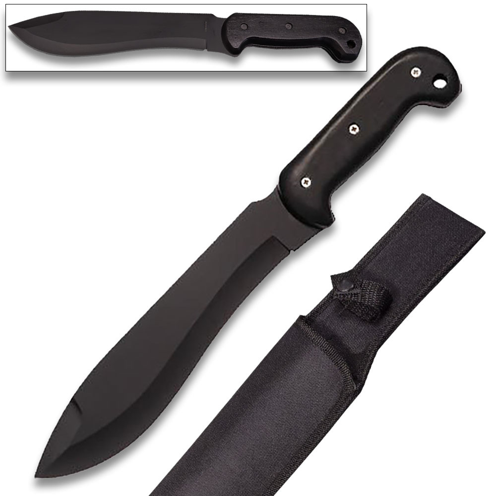Full Tang Black Bowie Hunter Knife, 16 Inch Overall Length, Black Blade, Black Wood Handle
