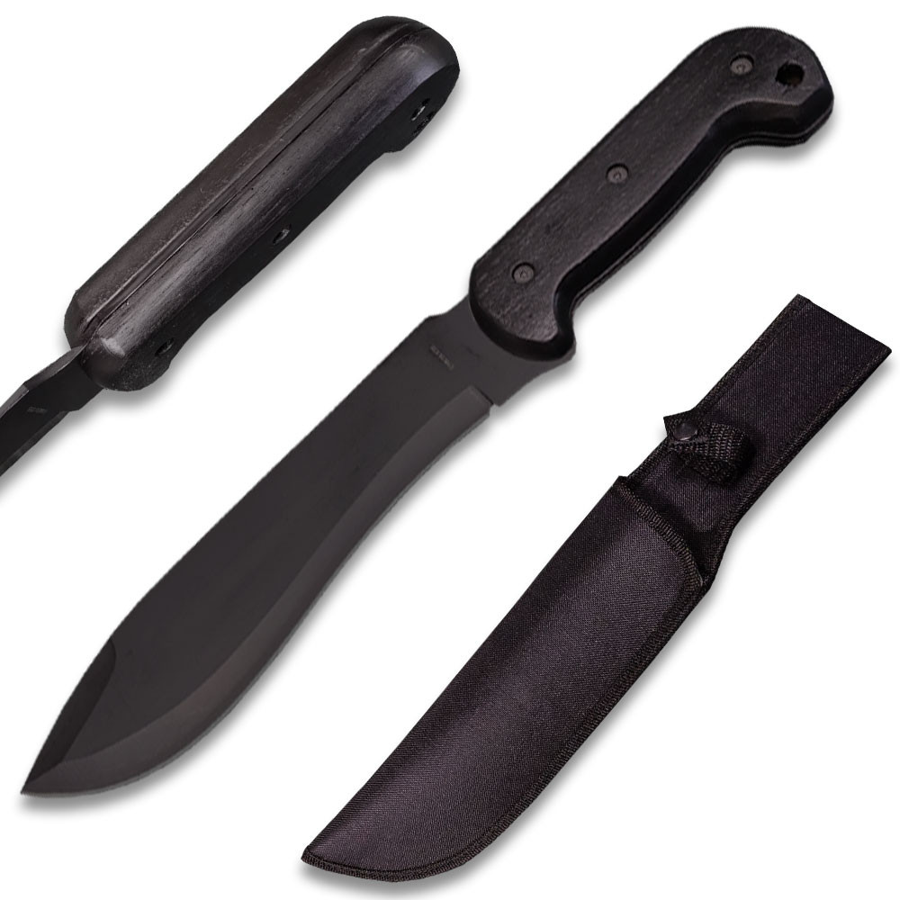 Full Tang Black Bowie Hunter Knife, 16 Inch Overall Length, Black Blade, Black Wood Handle