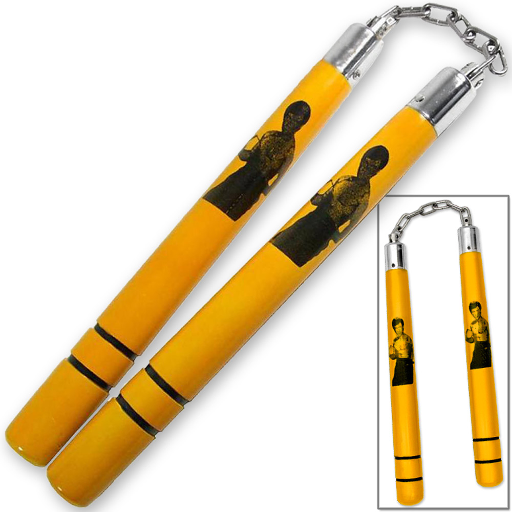Bruce Lee Nunchaku Martial Arts Nunchuks Solid Hardwood w Steel Chain Linkage Yellow Finish